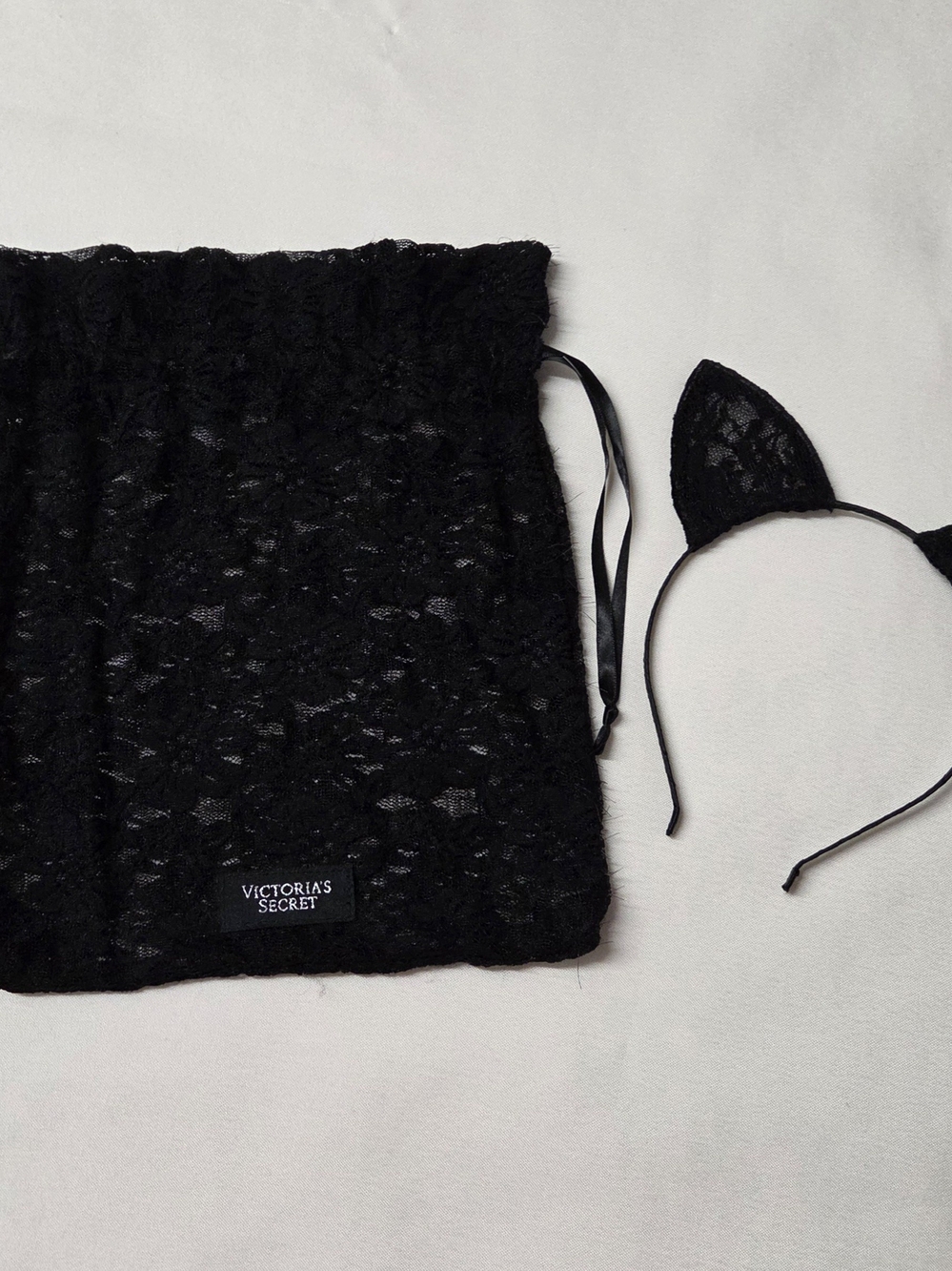 Victoria's Secret Halloween Black Lace Cat Ear Headband and Drawstring Pouch Set